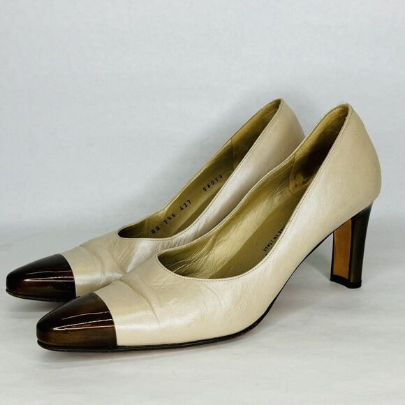 St. John Shoes - Vintage St. John Cap Toe Heels Pumps Womens Shoes Sz 7.5 AA Tan Neutral Italy